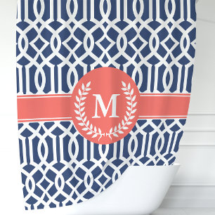 Rideaux De Douche Navy et corail Treillis marocain Monogramme