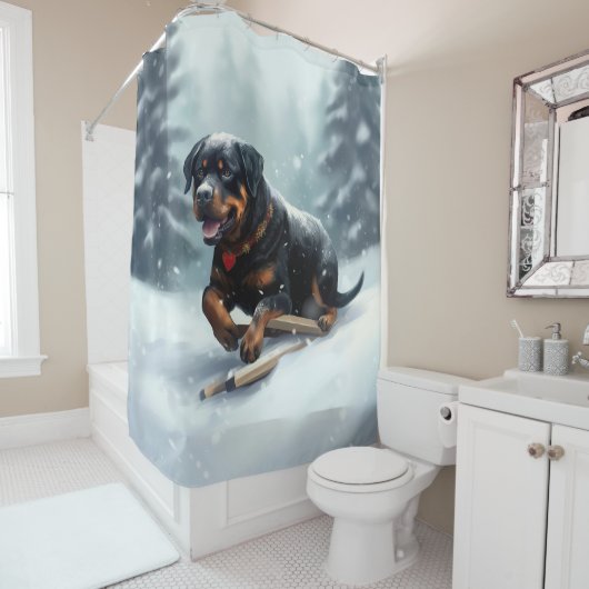 Rideaux De Douche Neige de Noël Rottweiler hiver Oreiller (En situation)