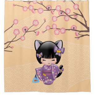 Rideaux De Douche Neko Kokeshi Poupée Chat Oreilles Geisha Fille Jau