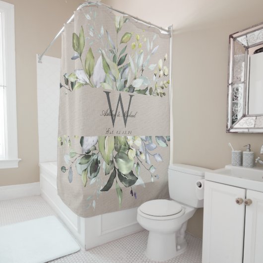 Rideaux De Douche Neual Greenery Monogram Wedding Keepsake (En situation)