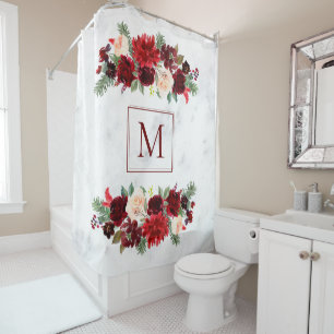 Rideaux De Douche Noël Boho Chic Floral Branche Marbre Monogramme