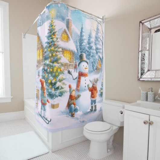 Rideaux De Douche Noël de Snowman des années 1950 (En situation)