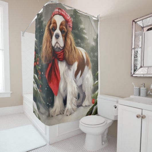 Rideaux De Douche Noël du chien espagnol Cavalier King Charles (En situation)