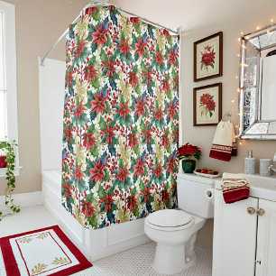 Rideaux De Douche Noël motif de poinsettia et de houx à l'aquarelle