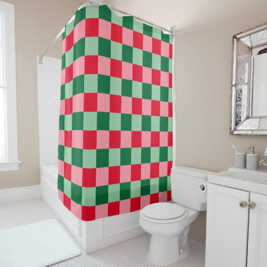 Rideaux De Douche Noël rouge rouge vert rose Tartan Plaid (En situation)