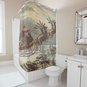 Rideaux De Douche Noël vintage, Père Noël victorien à Sleigh