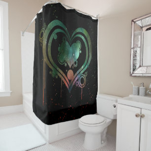 Rideaux De Douche Noir avec Aquarelle verte et rouge Coeur de goutte