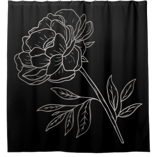 Rideaux De Douche Noir avec Fleur Argent (Devant)