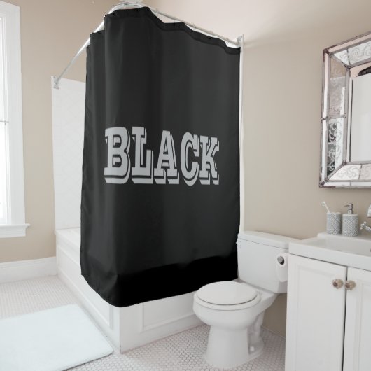 Rideaux De Douche Noir Avec Texte Gris Sur Couleur Solide Noir (En situation)