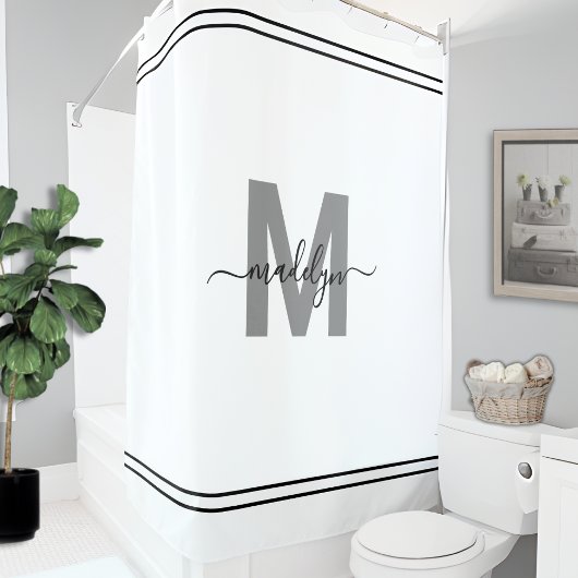Rideaux De Douche Noir Blanc Élégant Nom Initial Monogramme