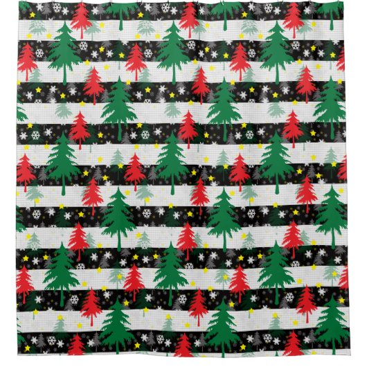 Rideaux De Douche Noir Blanc Stripes Neiges Rouge Vert Arbres (Devant)