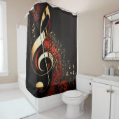 Rideaux De Douche Noir Chic Red et Gold Clef Note (En situation)