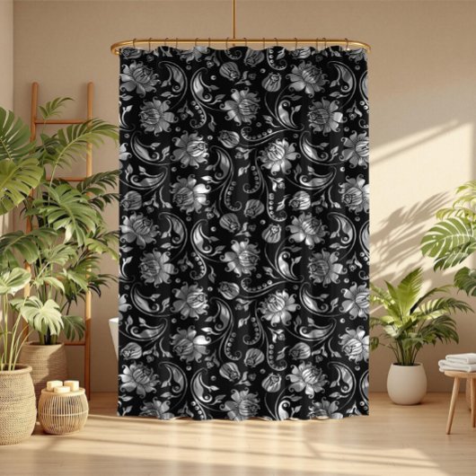 Rideaux De Douche Noir et Argent brillant Tons Floraux Damas