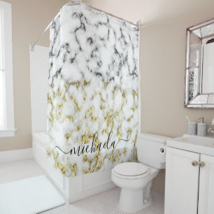 Rideaux De Douche Noir et blanc marbre or brillant Nom personnalisé