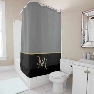 Rideaux De Douche Noir | Gris   & Monogramme Or Élégant Luxe
