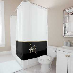 Rideaux De Douche Noir   Monogramme blanc & or Elégant luxe