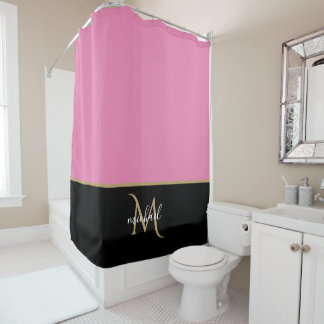 Rideaux De Douche Noir | Monogramme Rose & Or Élégant Luxe