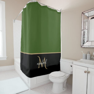 Rideaux De Douche Noir   Monogramme Vert et Or Élégant Luxe