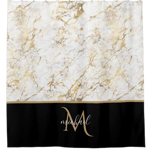 Rideaux De Douche Noir Or & Marbre Monogramme Élégant Luxe (Devant)