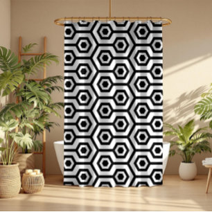 Rideaux De Douche Noir sur le Motif géométrique octogone blanc