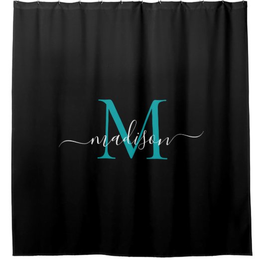 Rideaux De Douche Noir Turquoise Monogramme vert Nom du script fémin (Devant)