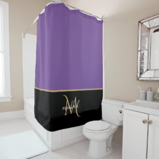 Rideaux De Douche Noir | Violet & Or Monogramme Élégant Luxe