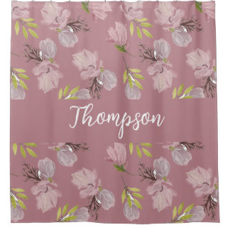 Rideaux De Douche Nom de famille moderne joli script floral rose élé