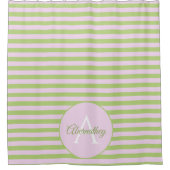 Rideaux De Douche Nom de famille monogramme rayé rose pastel vert (Devant)