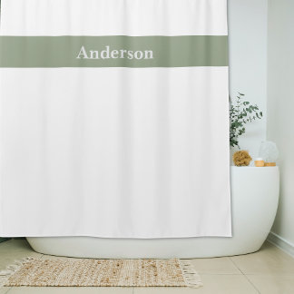 Rideaux De Douche Nom de famille personnalisé vert sauge et blanc