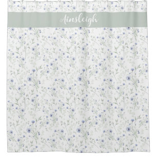 Rideaux De Douche Nom de monogramme de fleur sauvage aquarelle bleu