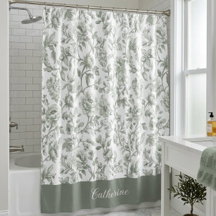 Rideaux De Douche Nom de monogramme toile vintage floral vert sauge