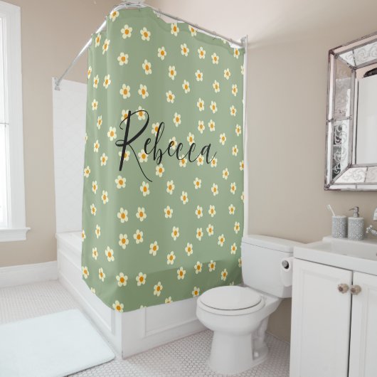Rideaux De Douche Nom de script personnalisé Cute Daisy Motif Vert (En situation)