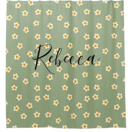Rideaux De Douche Nom de script personnalisé Cute Daisy Motif Vert (Devant)