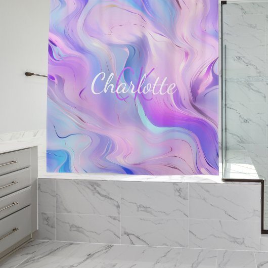 Rideaux De Douche Nom des initiales du monogramme violet rose hologr