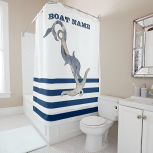 Rideaux De Douche Nom du bateau, Ancre Dauphin rayures blanches bleu