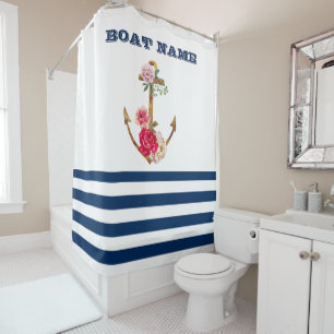 Rideaux De Douche Nom du bateau, Fleurs d'ancre bleu marine blanc ra