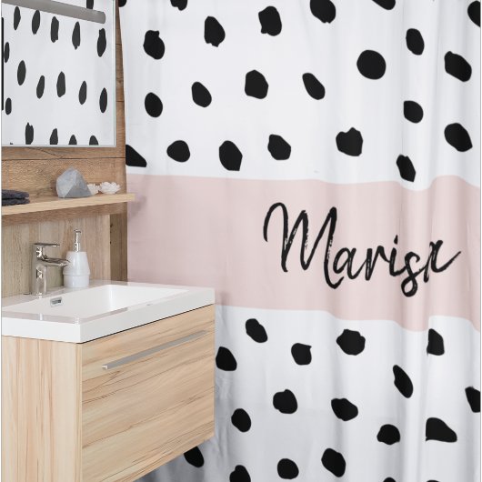 Rideaux De Douche Nom du monogramme moderne | Points rose et noir Pa