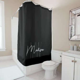 Rideaux De Douche Nom du monogramme moderne Script noir blanc