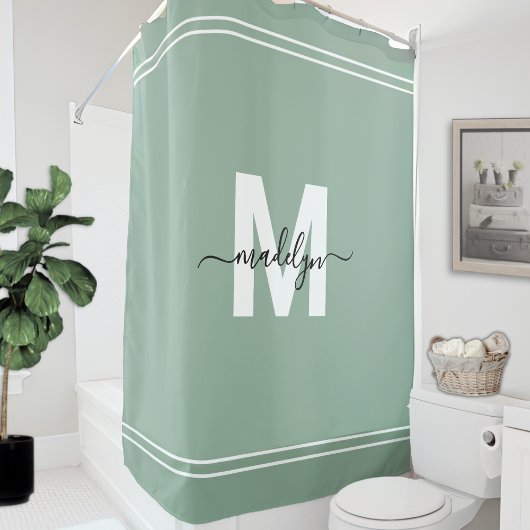 Rideaux De Douche Nom Élégant Monogramme Vert Sauge