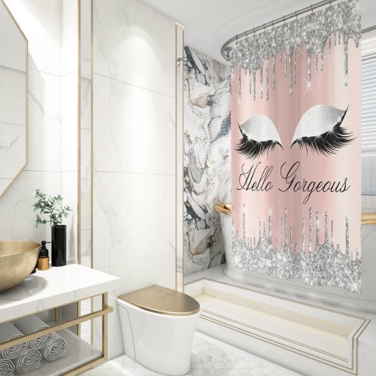 Rideaux De Douche Nom Eyelashes maquillage Rose argent gouttes fille