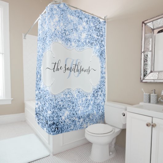 Rideaux De Douche Nom Monogram Blue Bridal Parties scintillant Nouve (En situation)