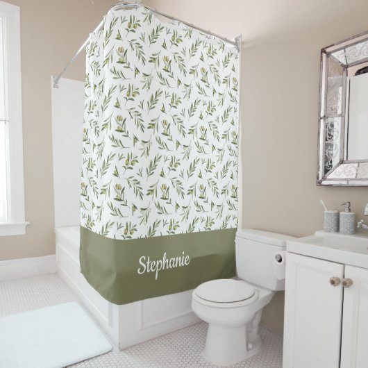 Rideaux De Douche Nom monogramme aquarelle vert sauge olive (En situation)