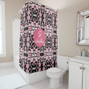 Rideaux De Douche Nom monogrammé floral aquarelle rose élégant