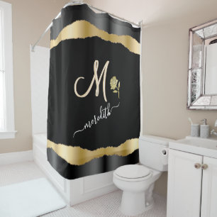 Rideaux De Douche Nom Monogramme personnalisé Rose Elegant Gold Noir