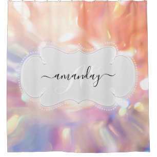 Rideaux De Douche Nom personnalisé Monogramme Rose Holographe Girl