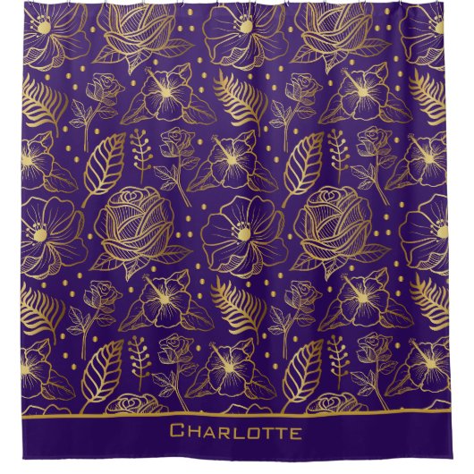 Rideaux De Douche Nom personnalisé motif floral doré (Devant)
