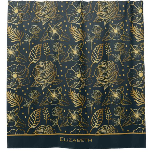 Rideaux De Douche Nom personnalisé motif floral doré (Devant)