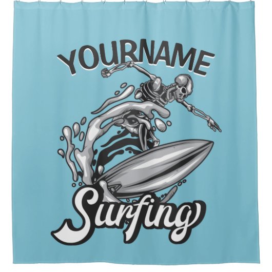 Rideaux De Douche NOM personnalisé Surfer Big Wave Skeleton Surfing (Devant)