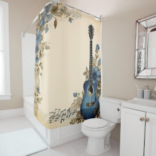 Rideaux De Douche Notes de musique de guitare bleue Fleurs