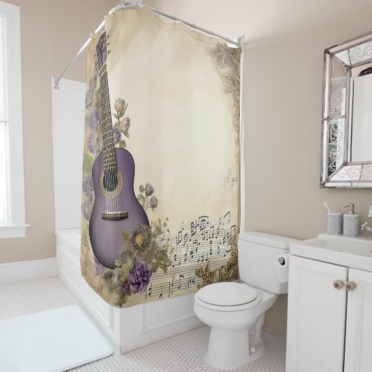 Rideaux De Douche Notes de musique de guitare violette Fleurs (En situation)